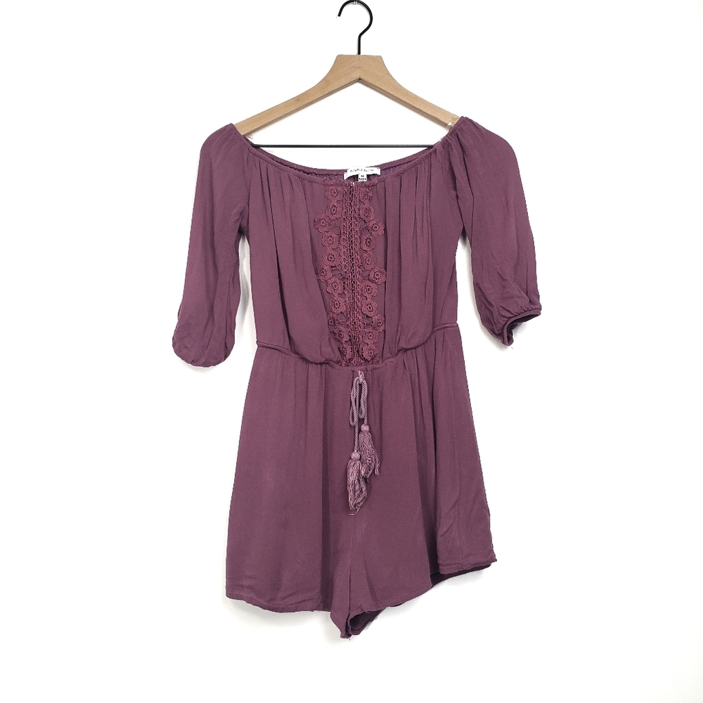 ●Purple Show Off The Shoulder Embroidered Romper